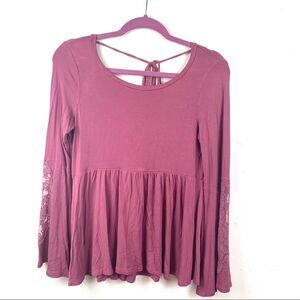 American Eagle Y2K Mauve Boho Bell Sleeve Top Lace Insets Soft & Sexy Small